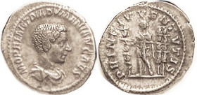 DIADUMENIAN, Den, PRINC IVVENTVTIS, Diadumenian & 3 standards; VF, sl off-ctr on large oval flan, full lgnds, good metal with lt tone. (A VF+/AVF brou...