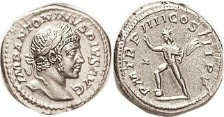 ELAGABALUS, Den., PM TRP IIII COS III PP, Sol adv l; EF, well centered & struck,...