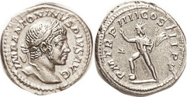 ELAGABALUS, Den., PM TRP IIII COS III PP, Sol adv l; EF, well centered & struck, good bright silver. (A VF+ sold for $195 + buyer fee, iNumis 6/13.)