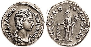 JULIA MAMAEA, Den, FECVND AVGVSTAE, Fecunditas stg l, small figure at left; EF, ...