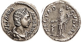 JULIA MAMAEA, Den, FECVND AVGVSTAE, Fecunditas stg l, small figure at left; EF, nrly centered, strong strike, good metal with deep toning. (A Near EF ...
