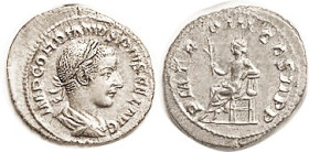 GORDIAN III, Den, PM TRP III COS II PP, Apollo std l; VF-EF, obv sl off-ctr on large flan, lgnds a bit crude, bright metal with lt tone & luster hints...
