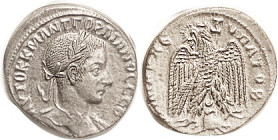 GORDIAN III, Antioch, Tet, Eagle facg, ram below, Pr.295; EF, sl off-ctr with some of lgnds crowded; sl granular but bright lustrous silver with lt to...