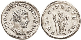 PHILIP I, Ant., FELICITAS TEMP, Felicitas stg l; Choice EF, well centered & struck on large flan, rev much stronger than usual; portrait needle-sharp....