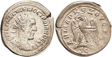 TRAJAN DECIUS, Antioch Tet., Radiate head r/Eagle stg l, SC below; F-VF, edge sp...