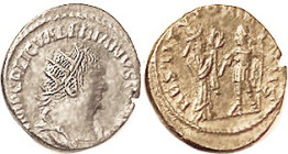 VALERIAN I, Ant, RESTITVT ORIENTIS, Orient giving wreath to Ruler; VF-EF, somewhat off-ctr, some of lgnds partly off, dark grey-brown tone, portrait h...
