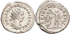 VALERIAN II, Ant, PRINC IVVENTVTIS, Val crowning trophy; Choice EF, virtually as struck, centered on a large sl ragged flan, quite well struck with lg...