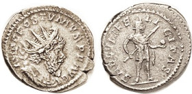 POSTUMUS, Ant, SAECVLI FELICITAS, Ruler stg r, VF+/VF, sl off-ctr on large ragged flan, full lgnds, silver color. (A VF-EF brought $179, Heidelberger ...