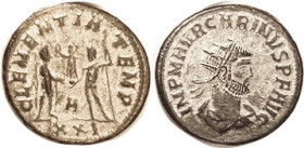 CARINUS, As Aug, Ant, CLEMENTIA TEMP, Jupiter giving Victory to Ruler, A/XXI; AEF/VF, well centered, decent strike, silvered with lt tone. (A GVF real...