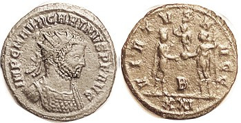 CARINUS, As Aug., Ant, VIRTVS AVGG, Jupiter giving Victory to Ruler, B/XXI; F-VF...
