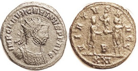 CARINUS, As Aug., Ant, VIRTVS AVGG, Jupiter giving Victory to Ruler, B/XXI; F-VF, perfectly centered on round flan, dark greenish brown patina, very l...