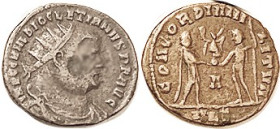DIOCLETIAN, POST-Reform Radiate, CONCORDIA MILITVM, Jupiter giving Victory to Ruler, A/ALE; F-VF, well centered & struck, medium brown. Much scarcer t...