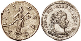 MAXIMIAN, Ant. SALVS AVGG, Salus stg r, C; EF, perfectly centered, minor crudeness, sharp portrait; lustery steel-brown surfaces. (Same variety, Near ...