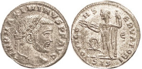 MAXIMINUS II, As Aug, Follis, IOVI CONSERVATORI, Jupiter stg l, wreath, SMTS; AEF, well centered, silvered surfaces with lt grey-brown tone. Scarce is...