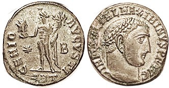 MAXIMINUS II, As Aug., Reduced Follis, GENIO AVGVSTI, Genius stg hld Sol bust, *...
