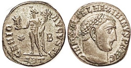 MAXIMINUS II, As Aug., Reduced Follis, GENIO AVGVSTI, Genius stg hld Sol bust, */B/ANT; AEF/VF, well centered, dark brownish patina with hint of under...