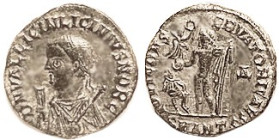 LICINIUS II, Æ3, Mantled bust l., hldg mappa & scepter/ IOVI CONSERVATORI CAESS, Jupiter stg l with Victory & captive, Delta/SMANT; VF, lgnds complete...