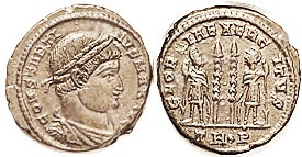 CONSTANTINE I, Æ3, GLORIA EXERCITVS, 2 standards betw soldiers, TR•P; EF, sl off...