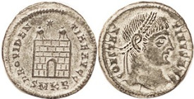 CONSTANTINE I, Æ3, PROVIDENTIAE AVGG, camp gate, SMKB; EF, nrly centered, full lgnds, well struck, hilighted dark green patina. (An EF brought $81 on ...