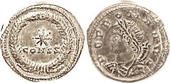 COMMEMORATIVE, Æ4, POP ROMANVS (some scholars think this meant "Father Rome," others say it referred to a soft drink), bust left/Star & CONSS in wreat...