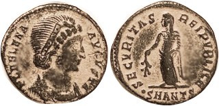 HELENA, Æ3, SECVRITAS REIPVBLICAE. Helena std l, •SMANTS; Nice VF, centered, dar...