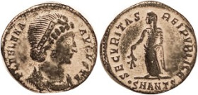 HELENA, Æ3, SECVRITAS REIPVBLICAE. Helena std l, •SMANTS; Nice VF, centered, dark patina with dramatic orangy hilighting. (A sl granular VF+ brought $...
