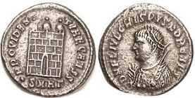 CRISPUS, Æ3, Mantled bust left/PROVIDENTIAE CAESS, camp gate, • SMH-Gamma; AEF, well centered & struck, grey-brown tone (An EF realized $302, CNG 1/11...