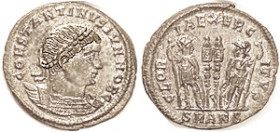 CONSTANTINE II, Æ3, GLORIA EXERCITVS, 2 standards betw soldiers, SMANS; Choice EF, centered & sharply struck, excellent detail, toned lustery silvered...