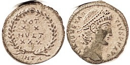 CONSTANTIUS II, Æ4, VOT XX MVLT XXX in wreath, ANTA; Choice EF, centered, full lgnds, smooth dark patina with orangy hilighting, very nice for this. (...