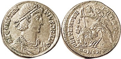 CONSTANTIUS II, Cent, FEL TEMP REPARATIO, Soldier spearing fallen horseman, CONS...