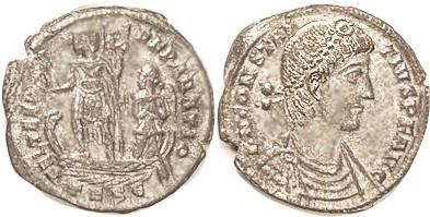 CONSTANTIUS II, Cent, FEL TEMP REPARATIO, Ruler hldg Phoenix, on boat steered by...