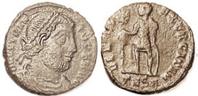 VETRANIO, 1/2 Cent (18 mm), VIRTVS EXERCITVM, Ruler stg w/labarum, TESB; F-VF, lgnds partly wk, medium brown, good portrait detail. Much scarcer than ...