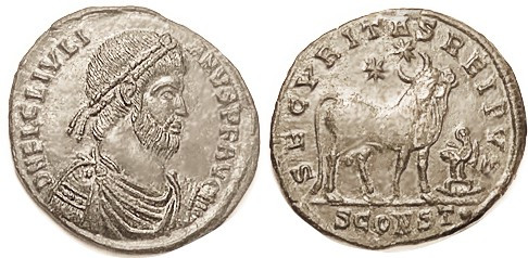 JULIAN, Æ1, SECVRITAS REIPVB, bull stg r, eagle on wreath at rt, SCONST•; EF, we...