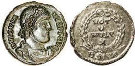JOVIAN, Æ3, Bust l./VOT V MVLT X in wreath, BSIRM; Choice EF, perfectly centered & well struck, glossy deep green patina. (An EF realized $136 in my 5...