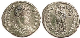 VALENS, Æ3, RESTITVTOR REIP, Ruler stg w/labarum & Victory, TES-Gamma; VF/VF-EF, well centered, deep green patina, sl surface imperfections. Scarcer t...