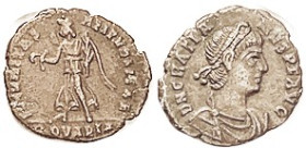 GRATIAN, Æ3, SECVRITAS REIPVBLICAE, Victory adv l, RQVARTA; VF, centered, full lgnds, medium brown, detailed & nice. RARE mintmark! (Same var., VF, br...