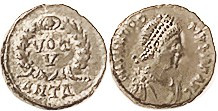 THEODOSIUS I, Æ4, VOT V in wreath, ANT-Delta; VF-EF, nrly centered, lgnd complete tho sl crowded, smooth dark patina, nice detailed portrait. VERY RAR...