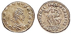 ARCADIUS, Æ4, SALVS REIPVBLICAE, Victory dragging captive l, mintmk crudely engraved but appears to be SMHA; AEF, nrly centered, obv lgnd partly crowd...