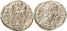 MAGNUS MAXIMUS, Æ4, SPES ROMANORVM, Camp gate, SMAQ; F-VF, well centered, dark patina with sl hilighting, a little crude, portrait with full VF detail...
