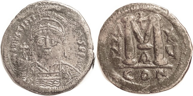 JUSTINIAN I, Follis, S-163, Facg bust, CON-XV-A, AVF, centered on big 39 mm flan...