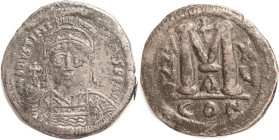 JUSTINIAN I, Follis, S-163, Facg bust, CON-XV-A, AVF, centered on big 39 mm flan, medium brown, minor areas of wkness but portrait has good strong fac...