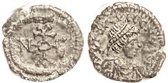 JUSTINIAN I, 5N, S245, Bust r/Monogram within large C; VF+, nrly centered, darkish greenish patina, a little crude-ness but strong portrait detail. Sc...