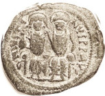 JUSTIN II, Follis, S369, NIKO-u-B, Nice F-VF/VF, nrly centered, dark greenish patina with strong earthen hilighting, everything bold. (An F-VF/VF brou...