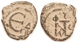 JUSTIN II, 5N, S-363, Monogram/Large E, Delta; AVF, sl off-ctr, orange-&-black patina. (A VF realized $96, CNG eAuc 6/22.)