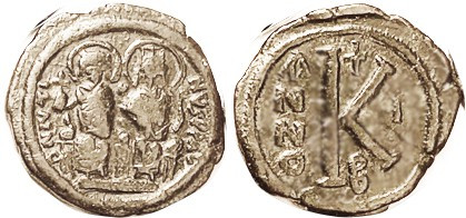 JUSTIN II, 1/2 Follis, S361, Year I-B, VF, centered on large flan, brown patina,...
