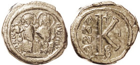 JUSTIN II, 1/2 Follis, S361, Year I-B, VF, centered on large flan, brown patina, bold & pleasant. (A GVF realized $560, NAC 5/07.)