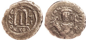 TIBERIUS II, Follis, S-441, NIKOA-uII; F-VF, sl ragged flan, 2-toned brown, sl crudeness, clear bold face. (A GVF brought $276, CNG 9/11.)