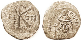MAURICE, 1/2 Follis, S497, Facg bust/large K, Year uII; VF, sl off-ctr on unround flan, dark greenish patina, sl hilighting; rev somewhat crude & weak...