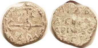 LEAD SEAL, 19 mm, Cruciform Monogram w/addl letters/4-line lgnd, F or better, ir...