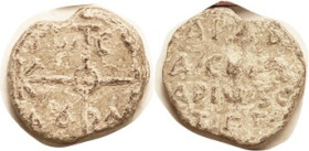 LEAD SEAL, 19 mm, Cruciform Monogram w/addl letters/4-line lgnd, F or better, irregular flan, whiteish patina, sl off-ctr & somehat crude, much legibl...